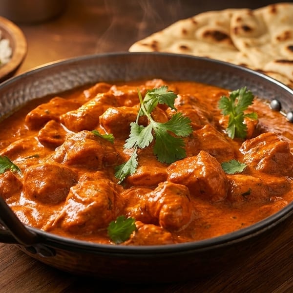 A metal bowl of butter chicken curry with cilantro, served with rice and naan bread.