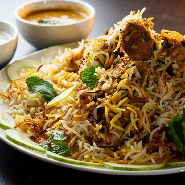 Chicken biryani with cucumber slices, mint, and two bowls of sauce on a dark surface.