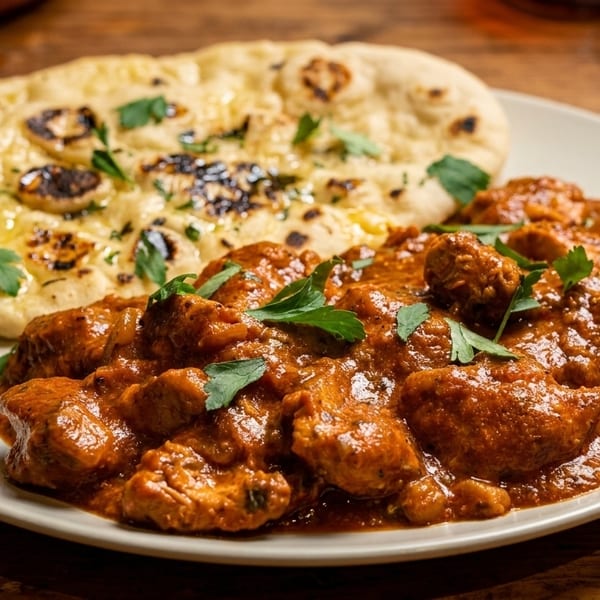 Chicken tikka masala with naan bread, garnished with fresh parsley on a wooden table.